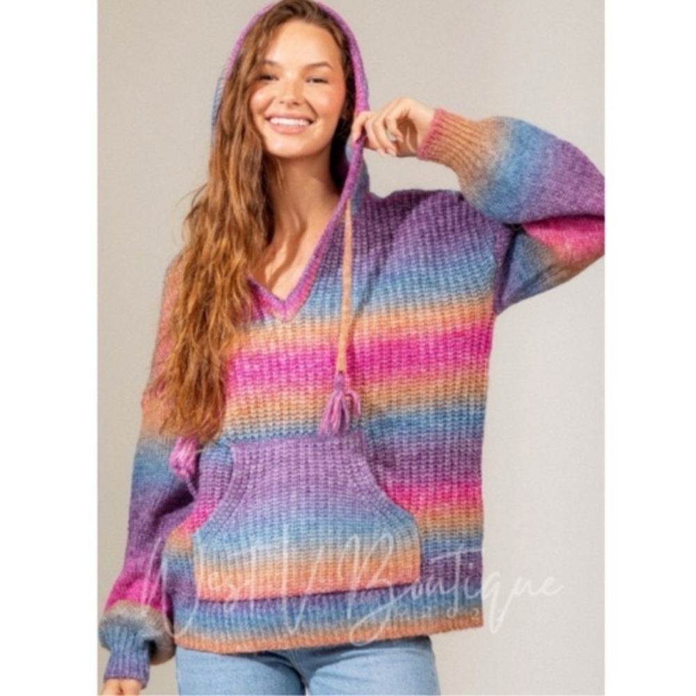 Love Riche Multicolor Sweater - Purple Mix Ombre Knit Hooded Sweater oversize S